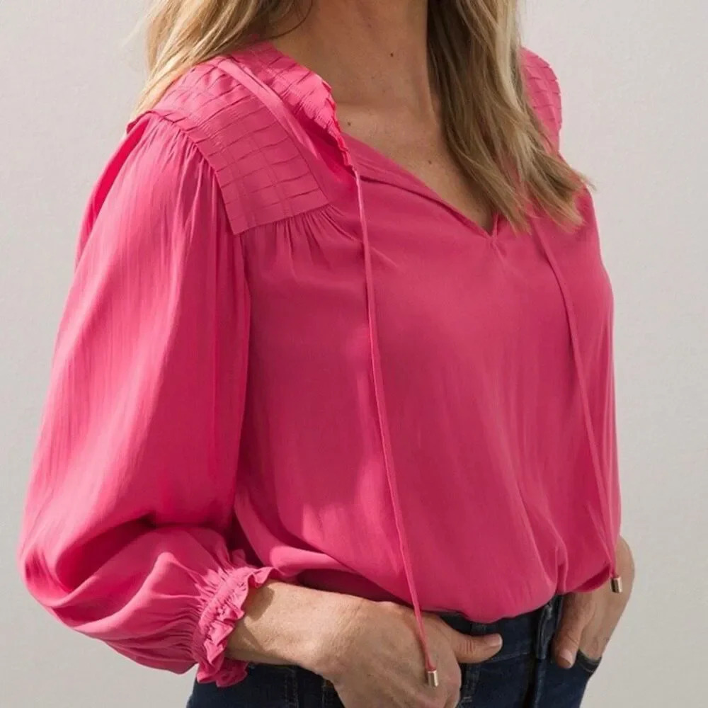 CHICO'S | Hot Watermelon Raspberry Pink Pleated Details Tie Neck | Size 1 Medium